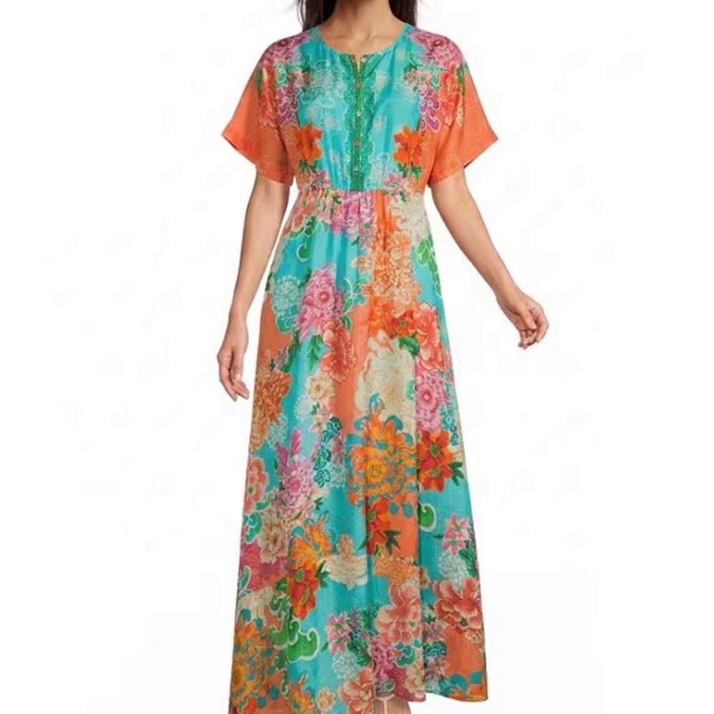 JOHNNY WAS Lia Edenia Scarf Print V-Neck Short Flutter Sleeve Maxi Dress